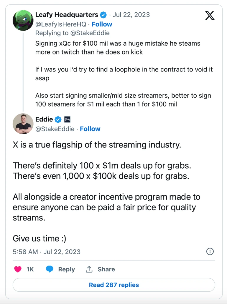 Eddie Craven, Stake and Kick CEO, Discusses Ways to Allocate a $100 Million Budget to Streamers on X (Twitter)